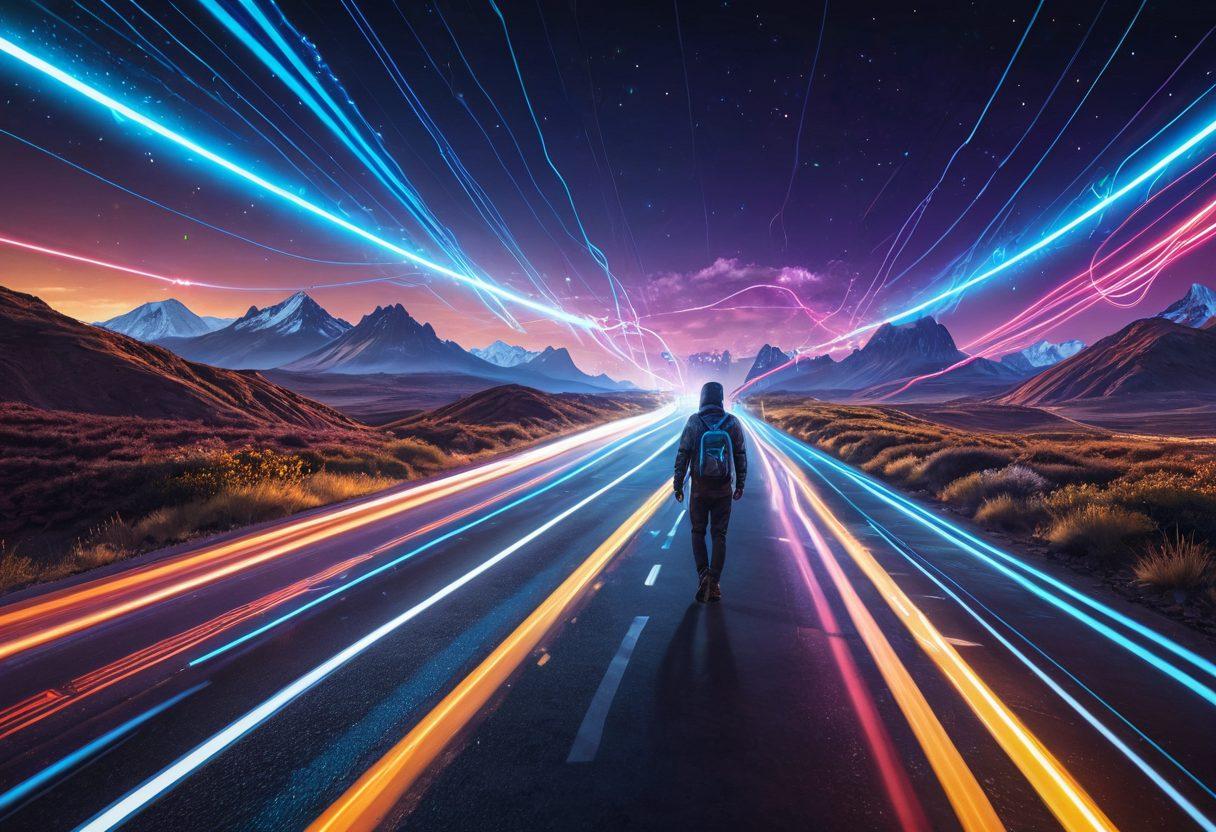 A person confidently navigating a digital landscape, surrounded by glowing icons of online insurance solutions like policies and claims. A roadmap leading to a bright horizon with diverse people engaged in online activities, emphasizing connectivity and support. The atmosphere exudes a sense of guidance and empowerment, with light trails symbolizing the journey. futuristic style. vibrant colors. 3D.