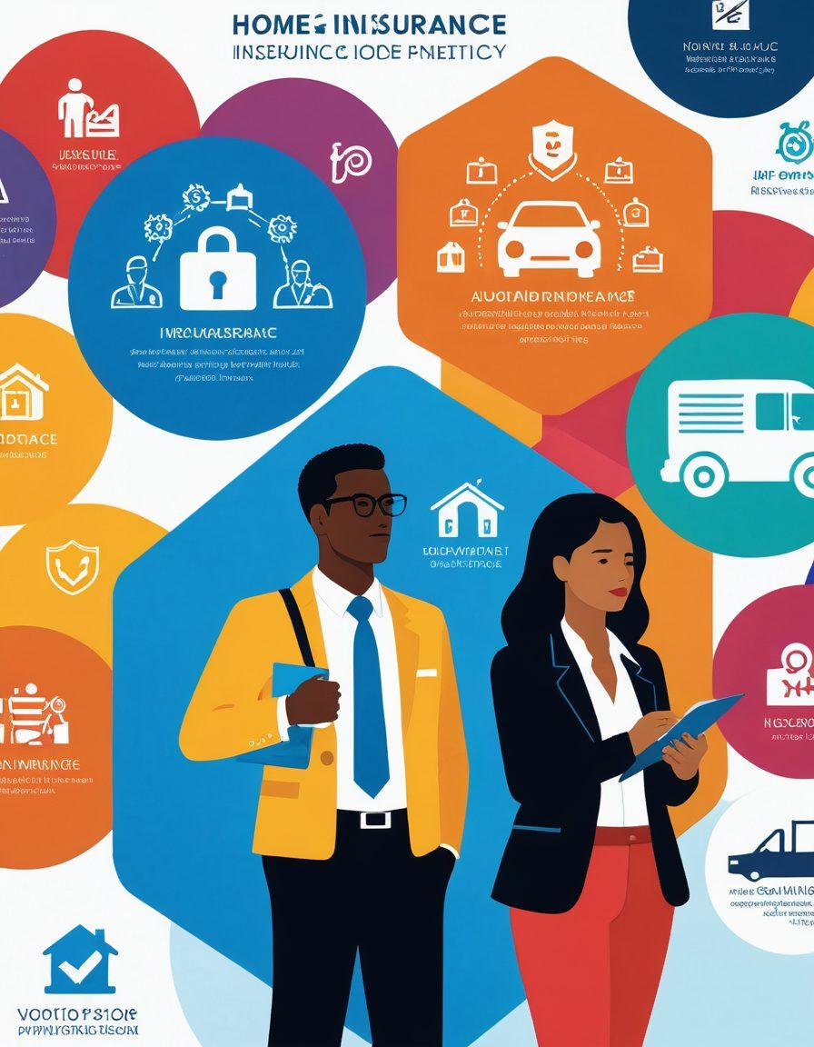 A visually engaging and informative illustration depicting a diverse group of individuals analyzing insurance policies, surrounded by various insurance icons like home, auto, health, and life insurance. Include charts and graphs showing quotes and policy benefits in the background, symbolizing optimal protection through smart choices. The overall scene should be bright and modern, conveying a sense of security and empowerment. vector art. vibrant colors. white background.