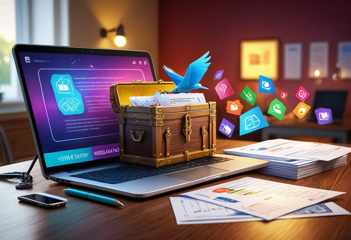 A digital key unveiling a treasure chest filled with various insurance policy documents, representing customized insurance. The background showcases a sleek laptop displaying an online insurance service, with symbols like a shield, lock, and dollar signs floating around. Warm lighting enhances the welcoming feel of online services. futuristic style. vibrant colors. 3D detail.